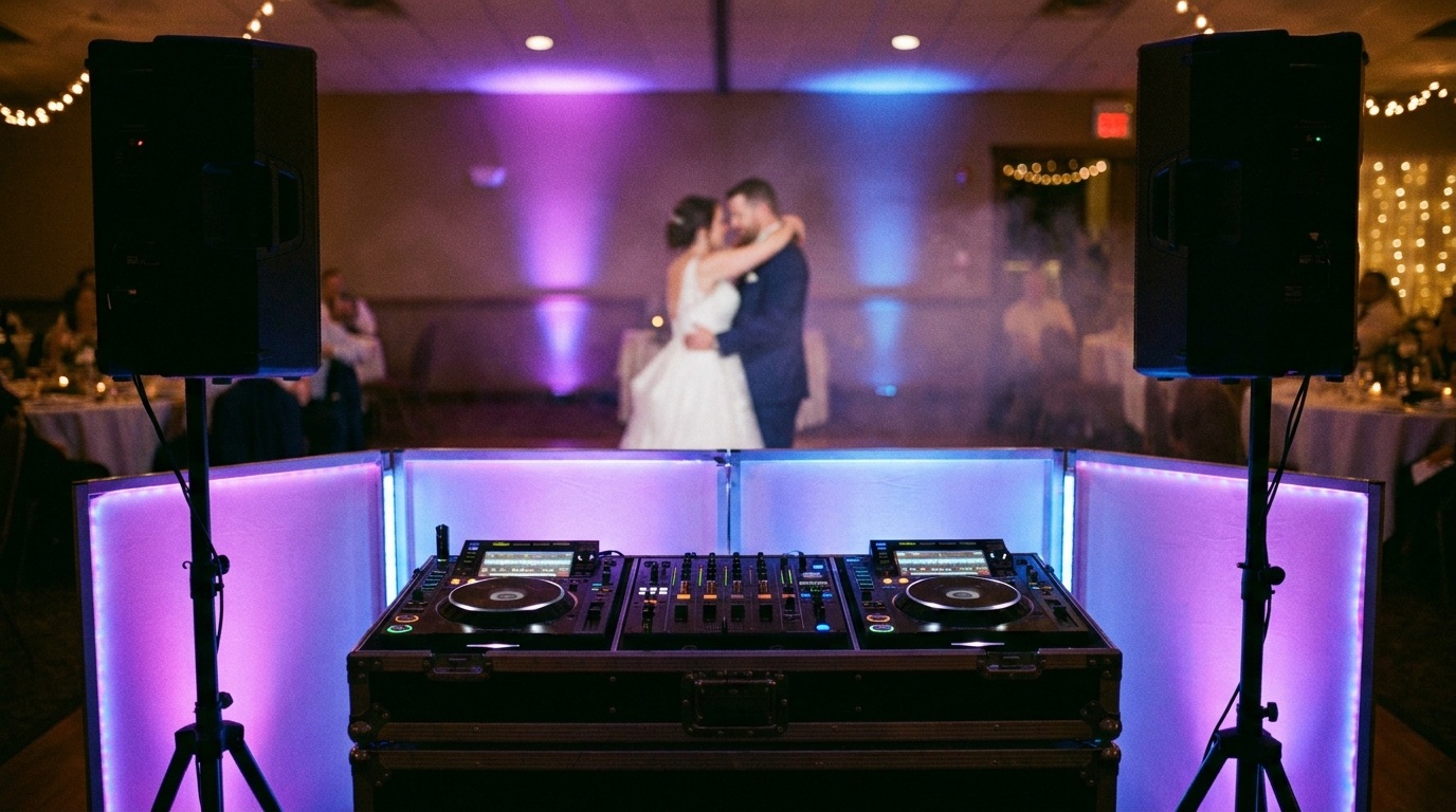 A Calgary wedding dance floor lit with purple and blue LED uplights, packed crowd, DJ booth visible with sound rig, evening event, joyful atmosphere