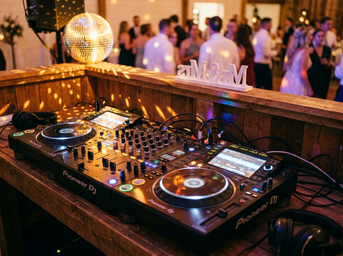 A Calgary wedding reception setup, head table with florals, sound rig in background, soft purple uplighting, evening, romantic atmosphere
