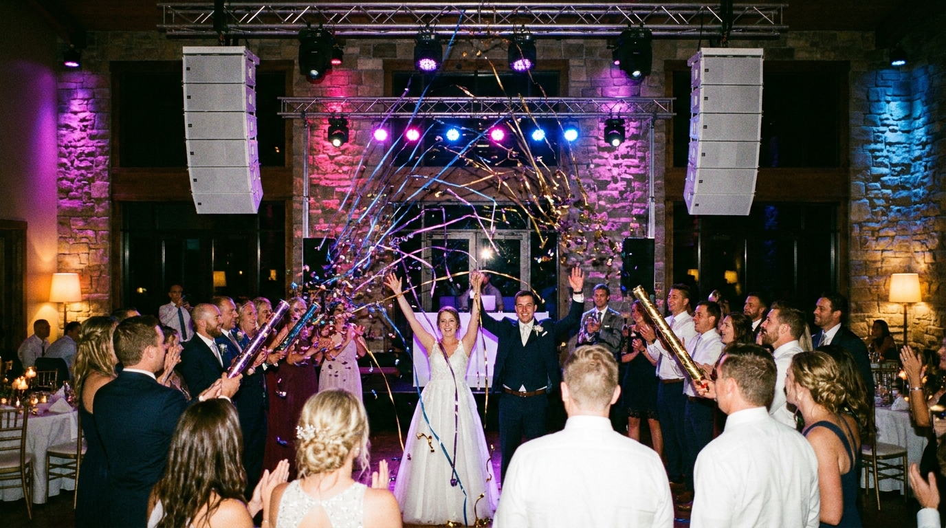 A close-up of a professional DJ setup at a Calgary wedding, two CDJs + mixer + 4 uplights + smoke machine, dark venue with party lights